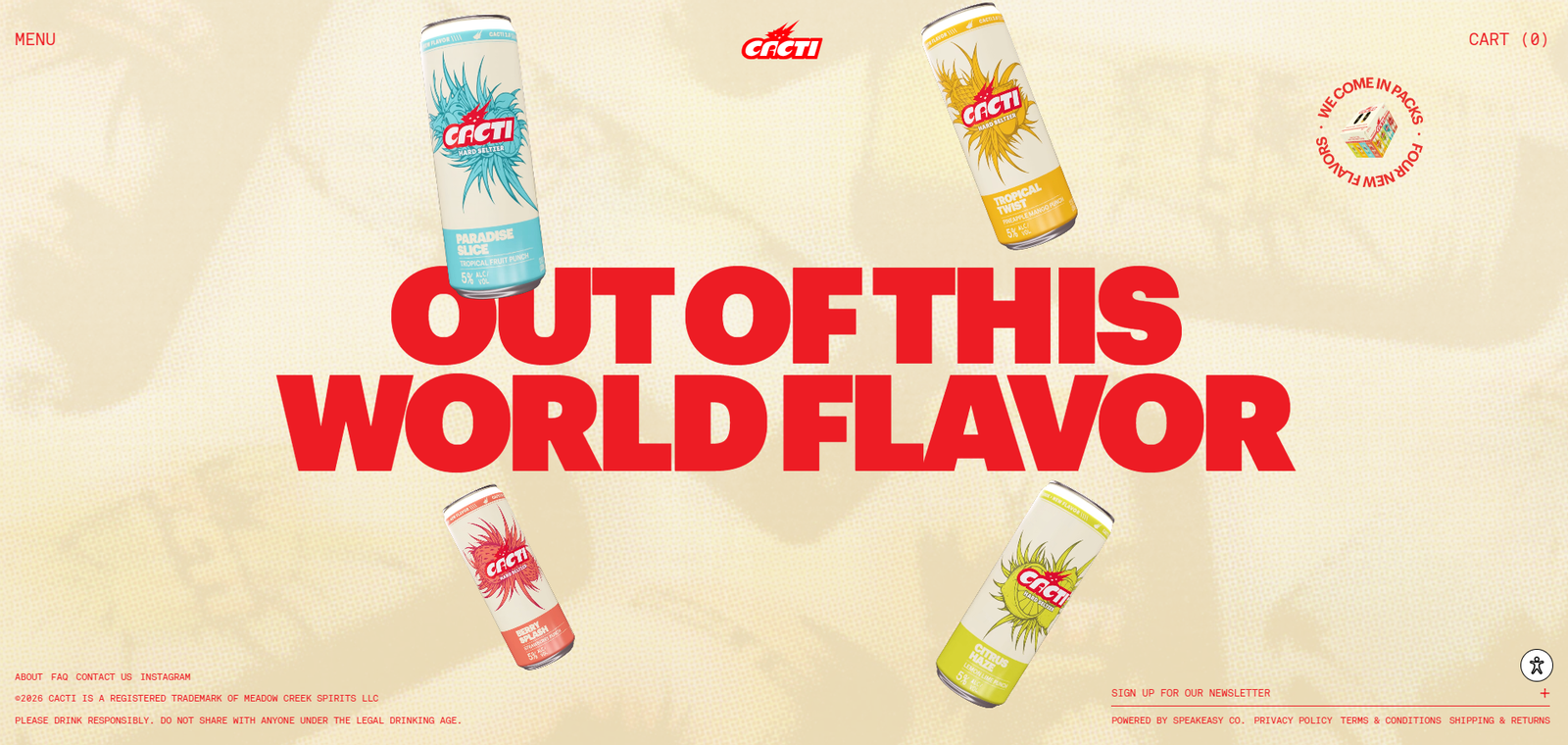 CACTI homepage: four hard seltzer cans floating around the headline Out of This World Flavor on a textured cream background