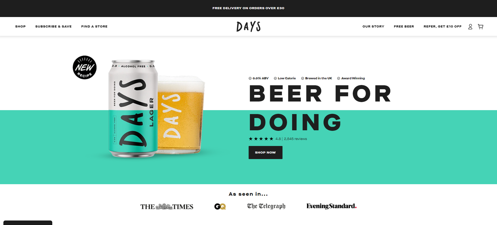 DAYS Brewing homepage: a DAYS lager can and glass beside the headline Beer for Doing, with a 4.8-star rating and Shop Now button