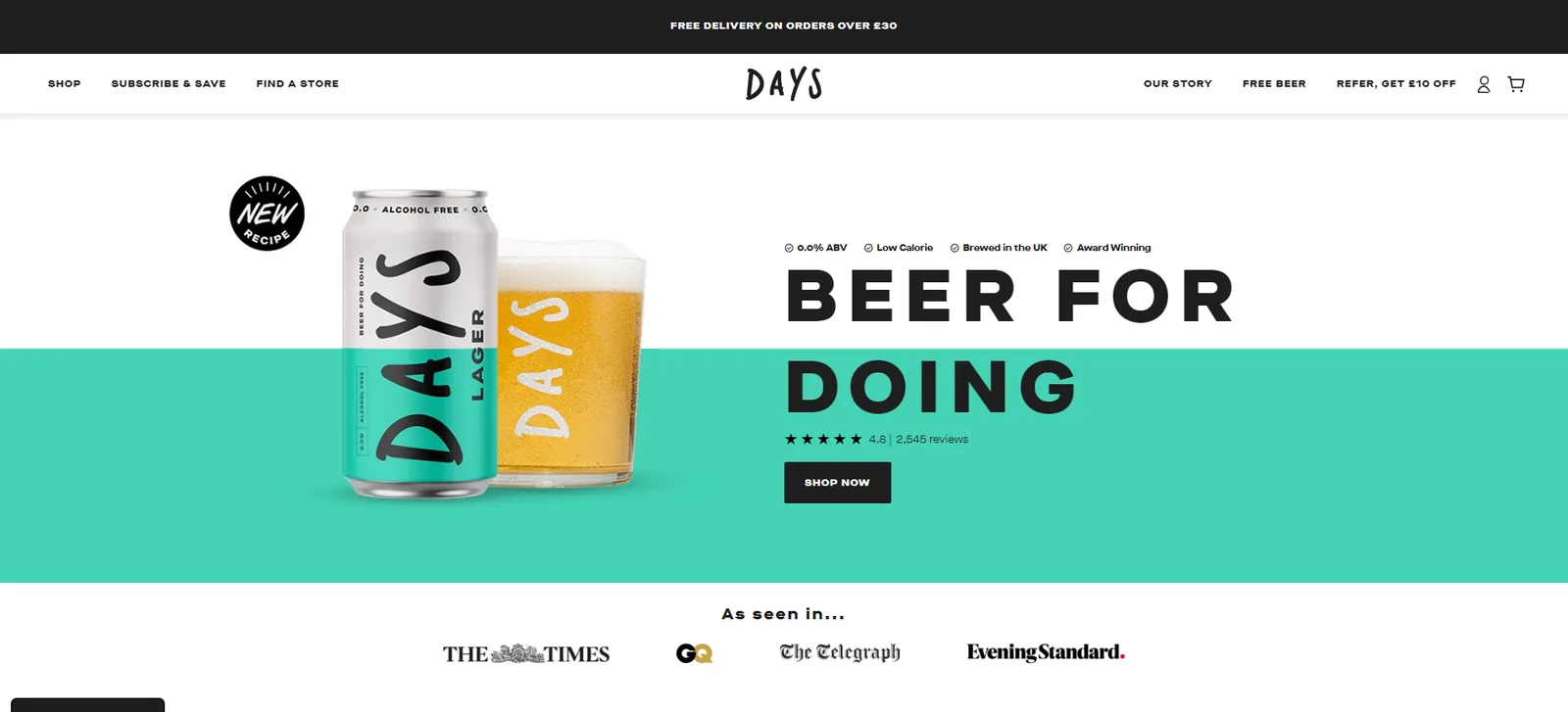 DAYS Brewing homepage: a DAYS lager can and glass beside the headline Beer for Doing, with a 4.8-star rating and Shop Now button