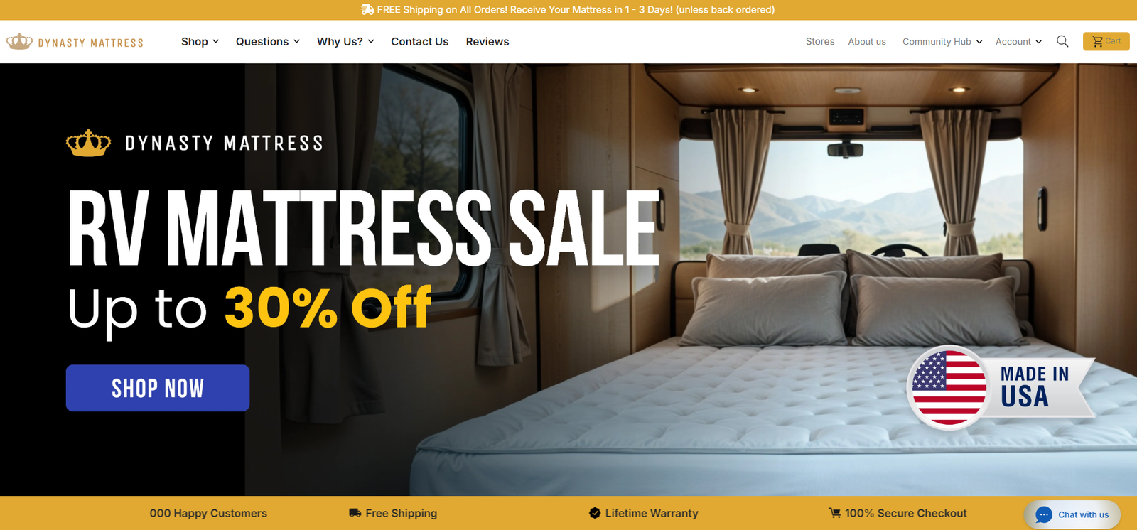 Dynasty Mattress homepage: RV Mattress Sale, up to 30% off, over a photo of a mattress inside a motorhome, with a Made in USA badge and trust bar