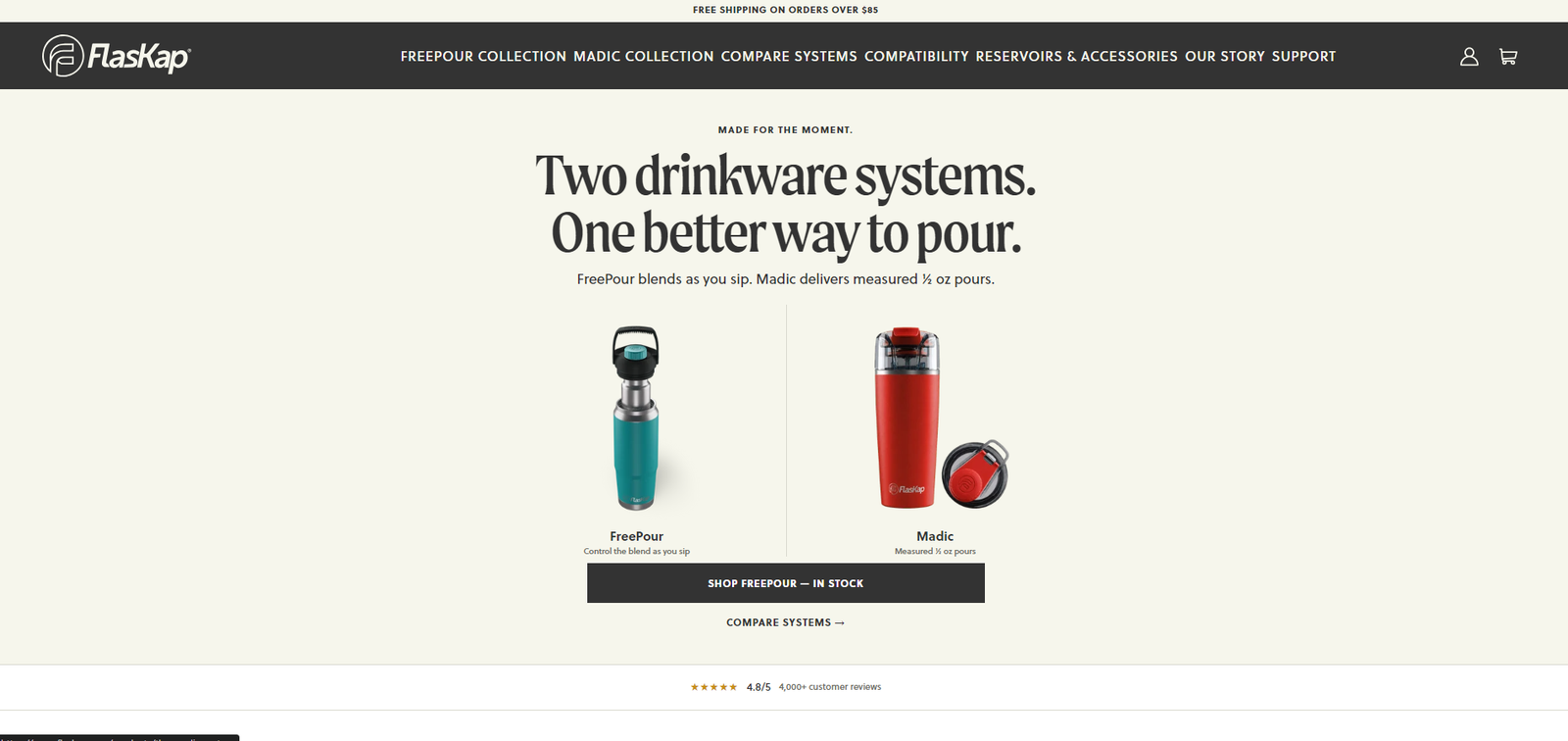 FlasKap homepage: Two drinkware systems, one better way to pour, showing the FreePour bottle and Madic tumbler side by side