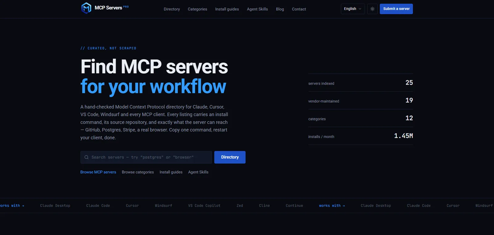 MCP Servers PRO homepage: Find MCP servers for your workflow, with search, directory link and live counters for servers indexed and installs per month